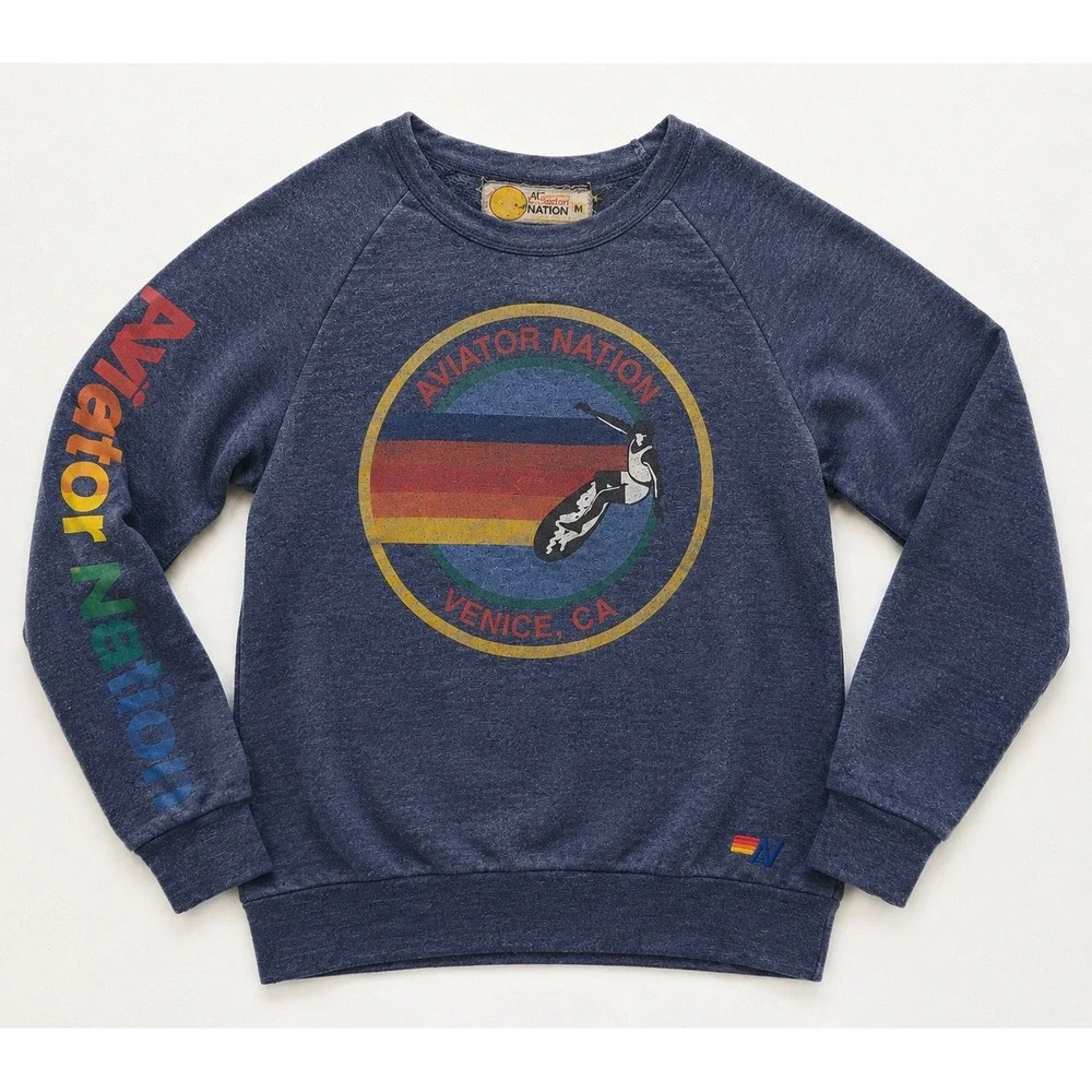 Aviator Nation Venice CA Rainbow Surfer‎ Crewneck Sweatshirt Blue Mens Medium